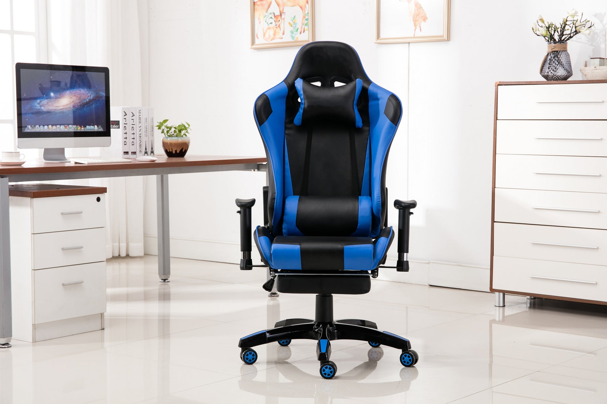 Scaun gaming Scaun computer Scaun de birou Scaun gamer pentru PC Scaun rabatabil ergonomic cu spatar inalt cu suport pentru picioare Tetiera masaj Suport lombar Scaun de birou din piele Scaun pivotant pentru jocuri negru/albastru - CentrumScaune.ro