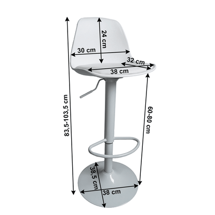 Scaun de bar reglabil, modern, alb, scaun piele ecologica cu spate, scaun de bucatarie, scaun pivotant pe înălțime, cu bază cromată - CentrumScaune.ro