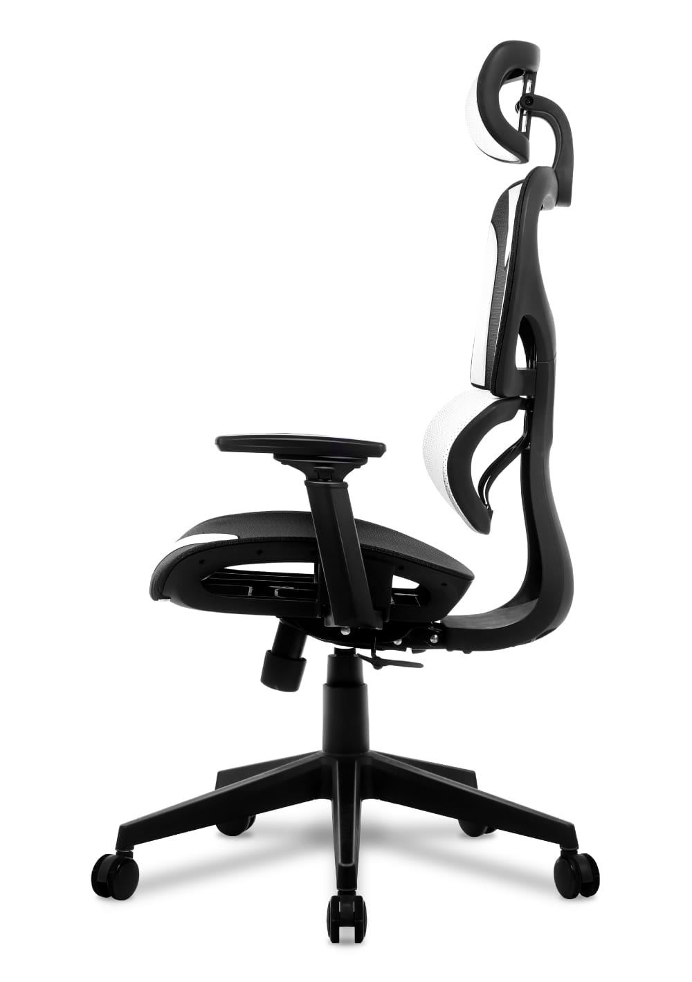 Scaun de gaming RACING LUX, Spătar înclinat, tetiera reglabila, în mesh negru/alb