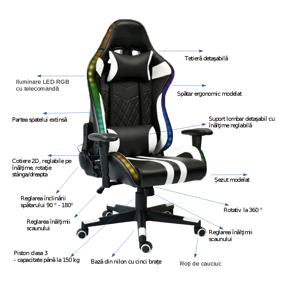 Scaun de gaming din piele ergonomic Tofi pentru adulți Scaun de birou înclinabil reglabil cu suport lombar Tetiera tapițată Cotiera cu spate înalt Scaun executiv Scaun de curse pentru jocuri video - CentrumScaune.ro