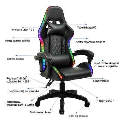 Scaun gaming cu sistem iluminare bandă LED RGB,, funcție șezlong