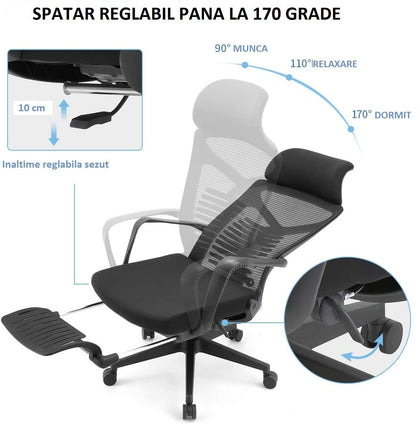 Scaun ergonomic de birou Petti cu reclinare suport pentru picioare, scaun de birou cu spate înalt, cu suport lombar, scaun reglabil pe înălțime, tetieră, spătar din plasă respirabil, pernă din spumă moale, negru