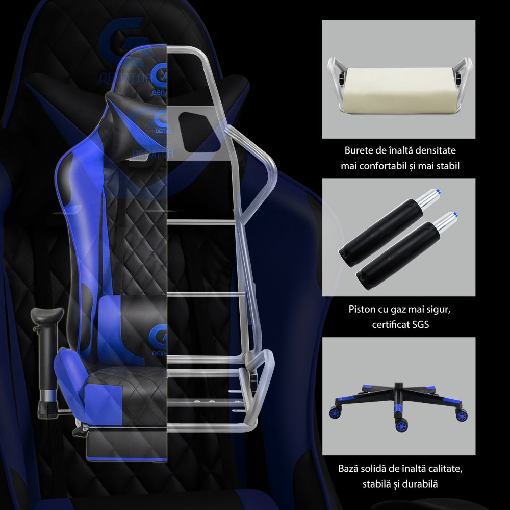 Scaune gaming Racing Lux, masaj in perna lombara, suport picioare, funcție sezlong, Racing Lux, Negru/Albastru