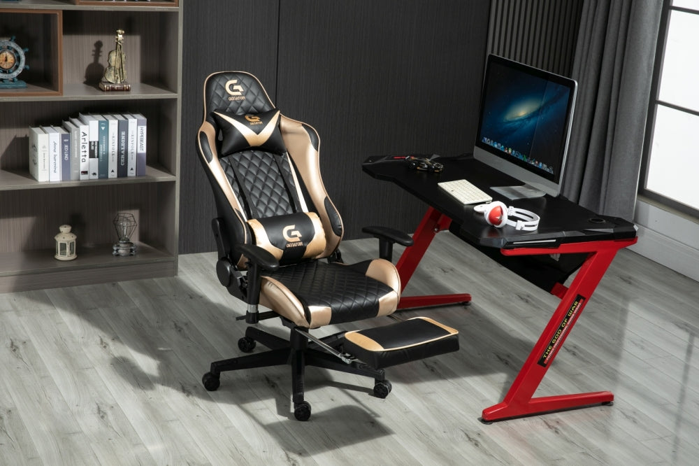 Scaun gaming Racing Lux, masaj in perna lombara, suport picioare, funcție sezlong,Negru/Auriu